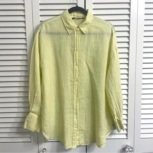 Zara 100% Linen Yellow Tunic Top Button Front Oversized Long Sleeve Coastal Sz S